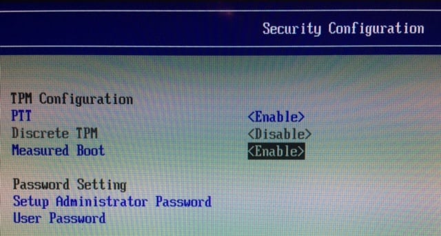 Screenshot of the Security Configuration SETUP with PTT and Measured Boot Enabled.